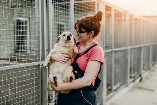 Interview with Les Aristopattes Animal Shelter - Woman carrying and adopting an old dog from a kennel