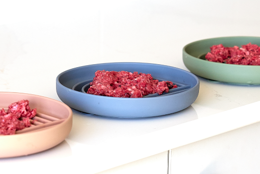 The Evolution from Raw Dog Food and Back! - Dog food bowls on top of kitchen counter filled with raw dog food