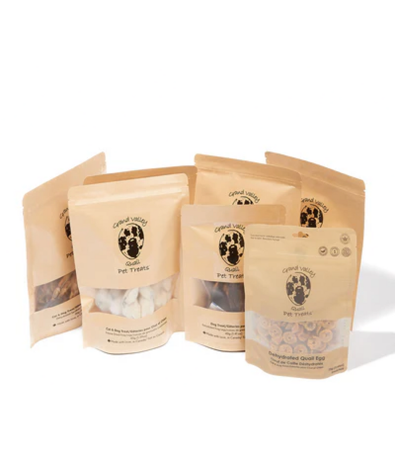 All Natural Dog Treats - Grouped series of dog treat bags with the internal treats on show