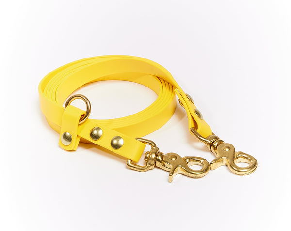 Photo - Bright yellow dog leash with gold hardware for pets. Strong and fashionable, perfect for stylish dog owners in Montreal, Canada.